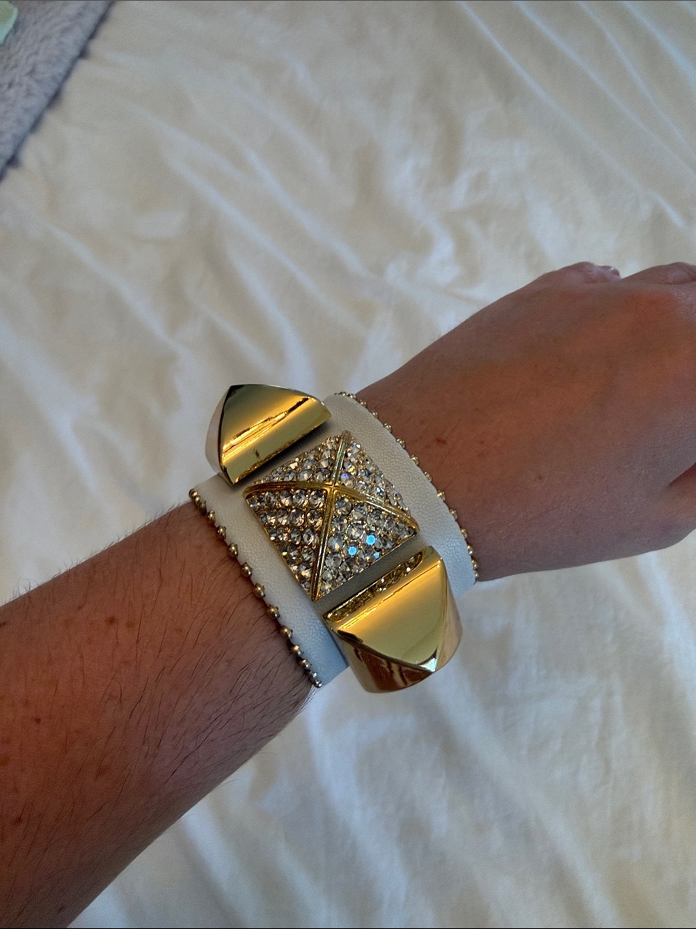 Juicy Couture White and Gold Leather Rockstud Bracelet Cuff